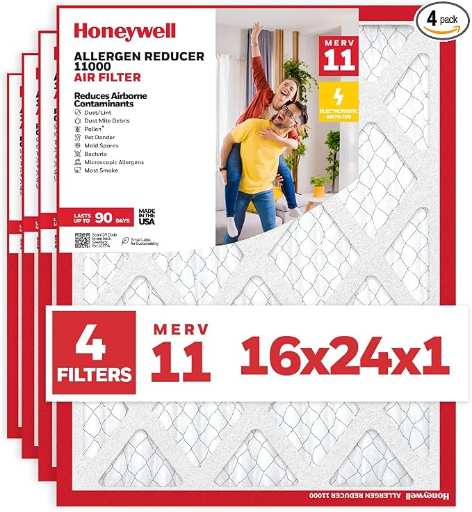 16x24x1 MERV 11 Allergen Reducer 11000 Electrostatic Pleated HVAC AC Furnace Air Filter (4-Pack) | Replacement