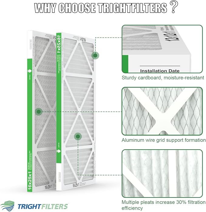 16x25x1 Air Filter 4 Pack, MERV 8 Pleated Dust Defense Air Filters Replacement Air Conditioner HVAC AC Furnace Filter