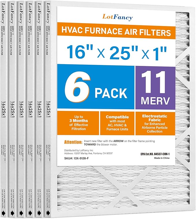 16x25x1 Air Filter MERV 11 6-Pack, Electrostatic Pleated AC Furnace Air Filter, Captures Dust, Smog & Pet Dander, Actual