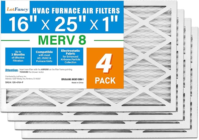 16x25x1 Air Filter MERV 8 4-Pack, Electrostatic Pleated Furnace & AC Filter, Captures Dust, Pet Hair, Pollen, Actual Size