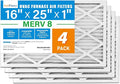 16x25x1 Air Filter MERV 8 4-Pack, Electrostatic Pleated Furnace & AC Filter, Captures Dust, Pet Hair, Pollen, Actual Size
