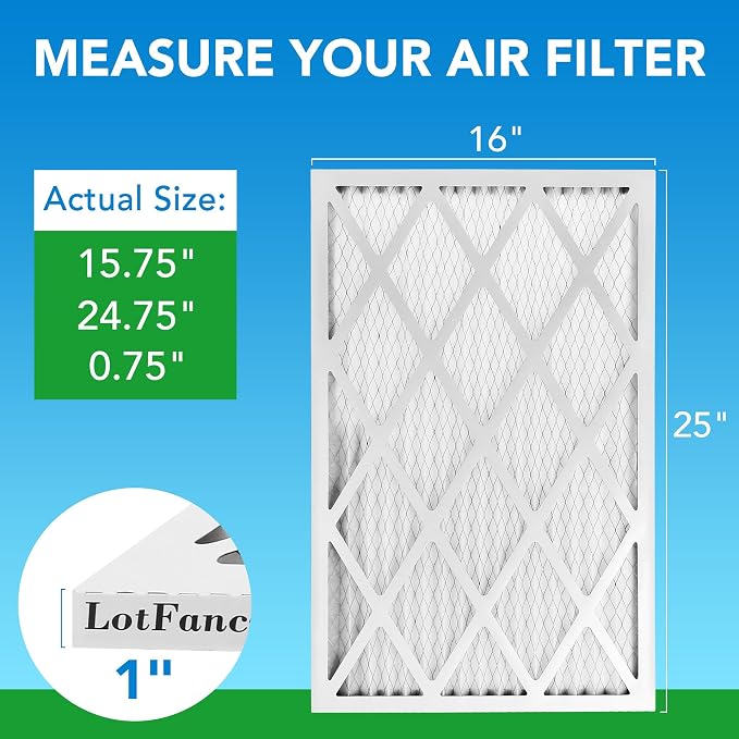 16x25x1 Air Filter MERV 8 4-Pack, Electrostatic Pleated Furnace & AC Filter, Captures Dust, Pet Hair, Pollen, Actual Size