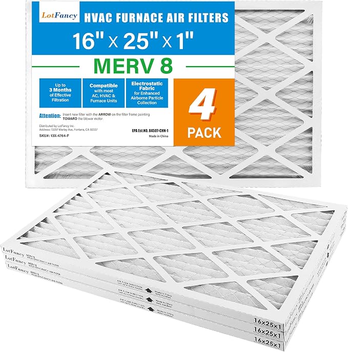 16x25x1 Air Filter MERV 8 4-Pack, Electrostatic Pleated Furnace & AC Filter, Captures Dust, Pet Hair, Pollen, Actual Size