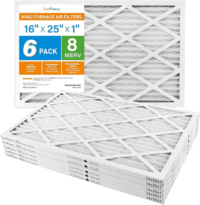 16x25x1 Air Filter MERV 8 6-Pack, Electrostatic Pleated Furnace & AC Filter, Captures Dust, Pet Hair, Pollen