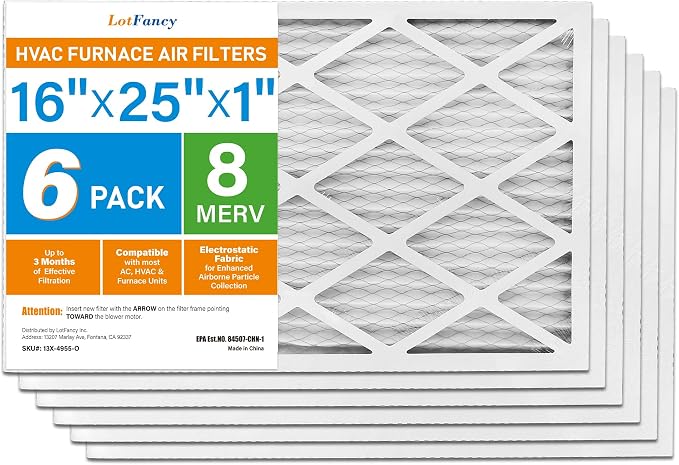 16x25x1 Air Filter MERV 8 6-Pack, Electrostatic Pleated Furnace & AC Filter, Captures Dust, Pet Hair, Pollen, alternate view