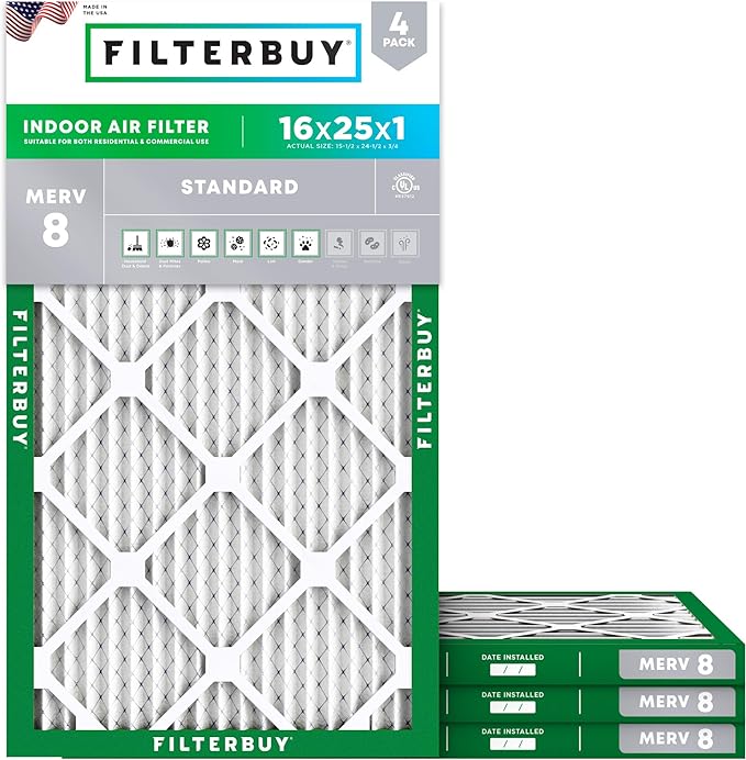 16x25x1 Air Filter MERV 8 Essential Dust & Allergy Defense (4-Pack), Electrostatic Pleated HVAC AC Furnace Filters