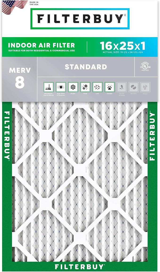 16x25x1 Air Filter MERV 8 Essential Dust & Allergy Defense (1-Pack), Electrostatic Pleated HVAC AC Furnace