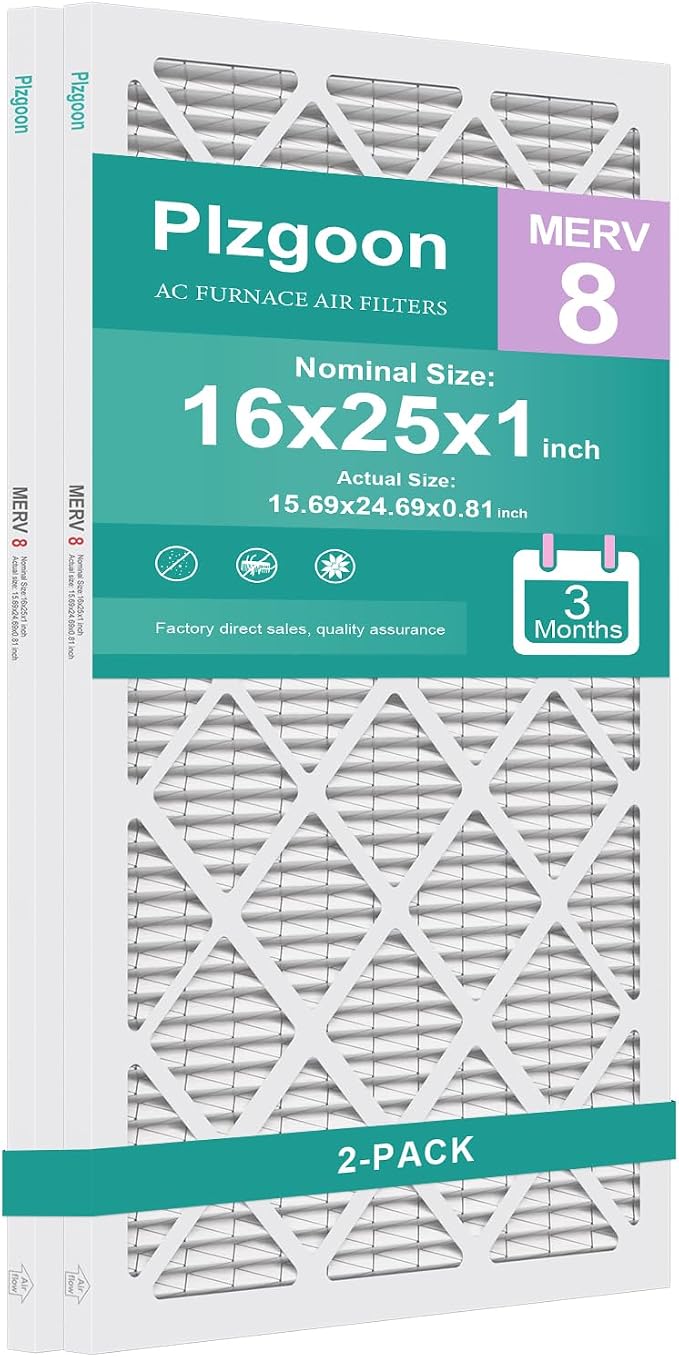 16x25x1 Air Filter MERV 8 MPR 600 (2 Pack) Pleated HVAC Furnace Filters for Home Air Conditioner AC Heating System (Exact