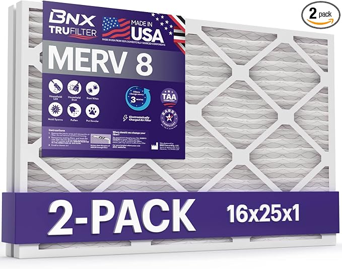 16x25x1 MERV 8 Air Filter 2 Pack - MADE IN USA - Electrostatic Pleated Air Conditioner HVAC AC Furnace Filters - Removes