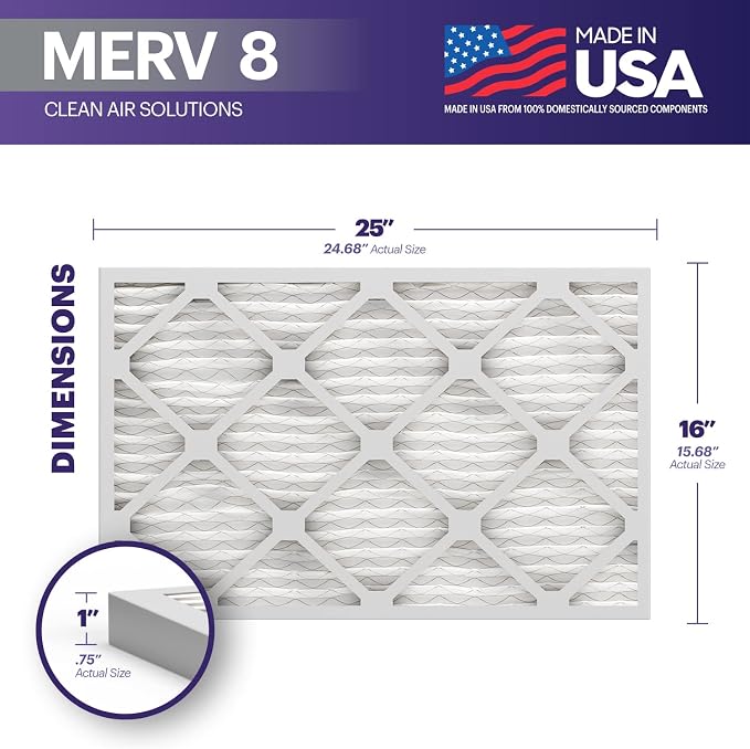 16x25x1 MERV 8 Air Filter 2 Pack - MADE IN USA - Electrostatic Pleated Air Conditioner HVAC AC Furnace Filters - Removes