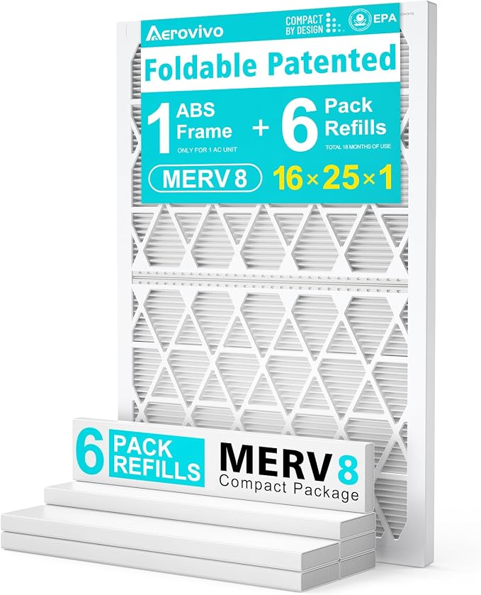 16x25x1 MERV8 Refillable Air Filter Starter Kit, 1 Reusable Foldable Frame & 6 Refills, Perfect for Most AC HVAC Furnace