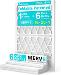 16x25x1 MERV8 Refillable Air Filter Starter Kit, 1 Reusable Foldable Frame & 6 Refills, Perfect for Most AC HVAC Furnace