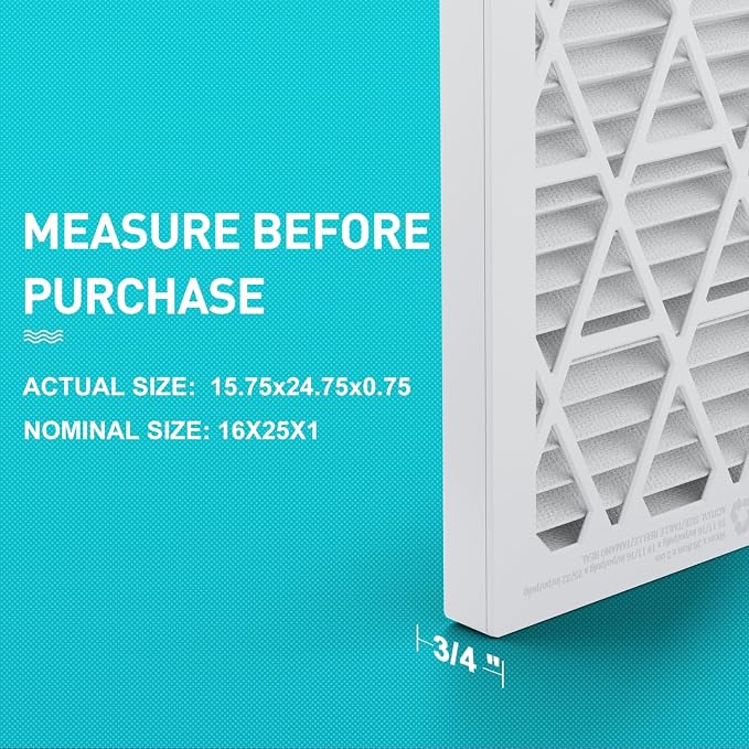16x25x1 MERV8 Refillable Air Filter Starter Kit, 1 Reusable Foldable Frame & 6 Refills, Perfect for Most AC HVAC Furnace