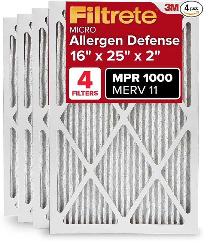 16x25x2 AC Furnace Air Filter, MERV 11, MPR 1000, Allergen Defense, 3-Month Pleated 2-Inch Electrostatic Air Cleaning Filter