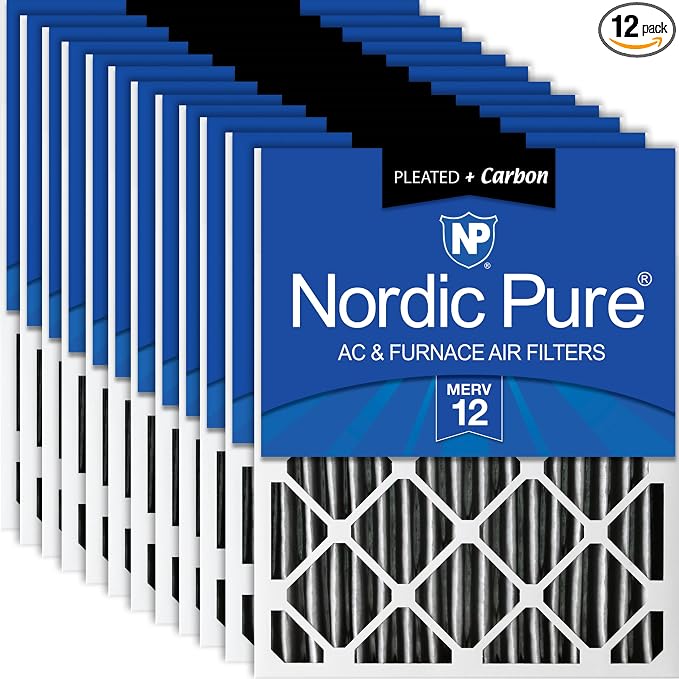 16x25x2 (Actual Size: 15 1/2 x 24 1/2 x 1 3/4) Furnace Air Filters MERV 12 Pleated Plus Carbon 12 Pack, product image
