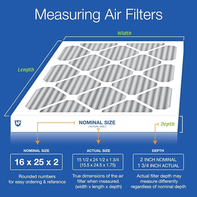 16x25x2 (Actual Size: 15 1/2 x 24 1/2 x 1 3/4) Furnace Air Filters MERV 12 Pleated Plus Carbon 12 Pack, alternate product