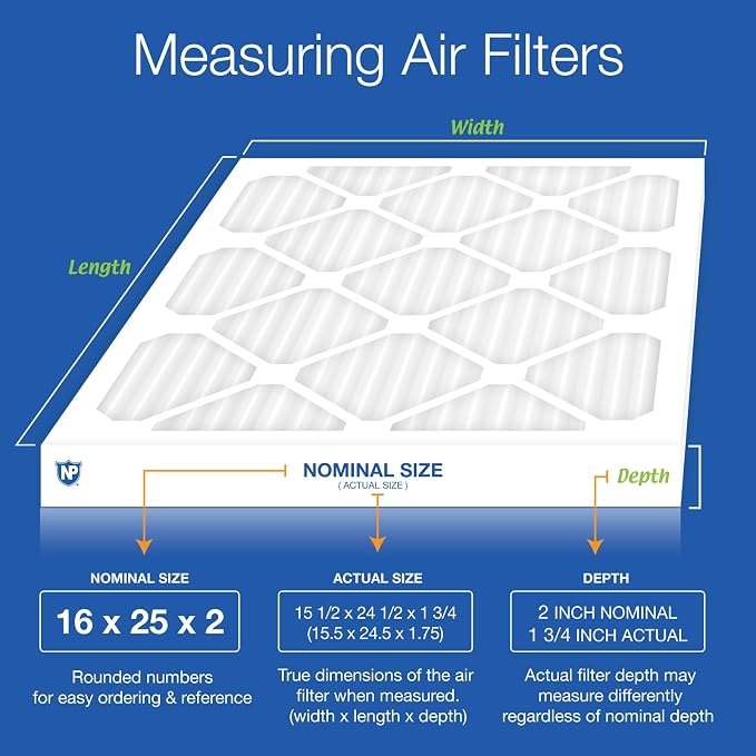 16x25x2 (Actual Size: 15 1/2 x 24 1/2 x 1 3/4) Pleated MERV 8 Air Filters 3 Pack, alternate product view 2