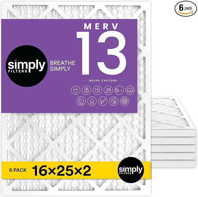 16x25x2 Air Filter, MERV 13, 6 Pack, Furnace Air Filter for HVAC (Actual Size: 15.5"x24.5"x1.75") DUST, Pet & Allergy