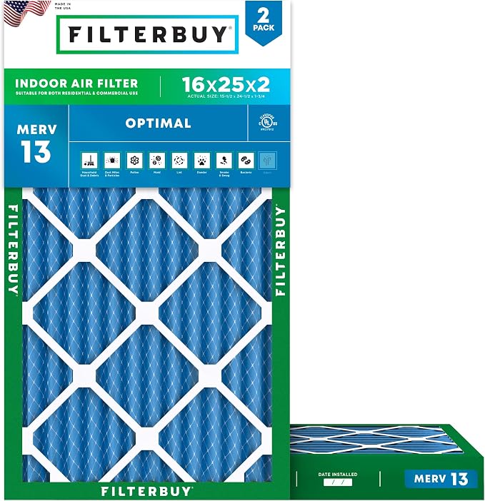 16x25x2 Air Filter MERV 13 Optimal Smoke & Allergy Defense (2-Pack), Electrostatic Pleated HVAC AC Furnace Filters