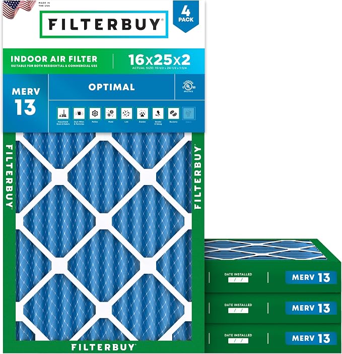 16x25x2 Air Filter MERV 13 Optimal Smoke & Allergy Defense (4-Pack), Electrostatic Pleated HVAC AC Furnace