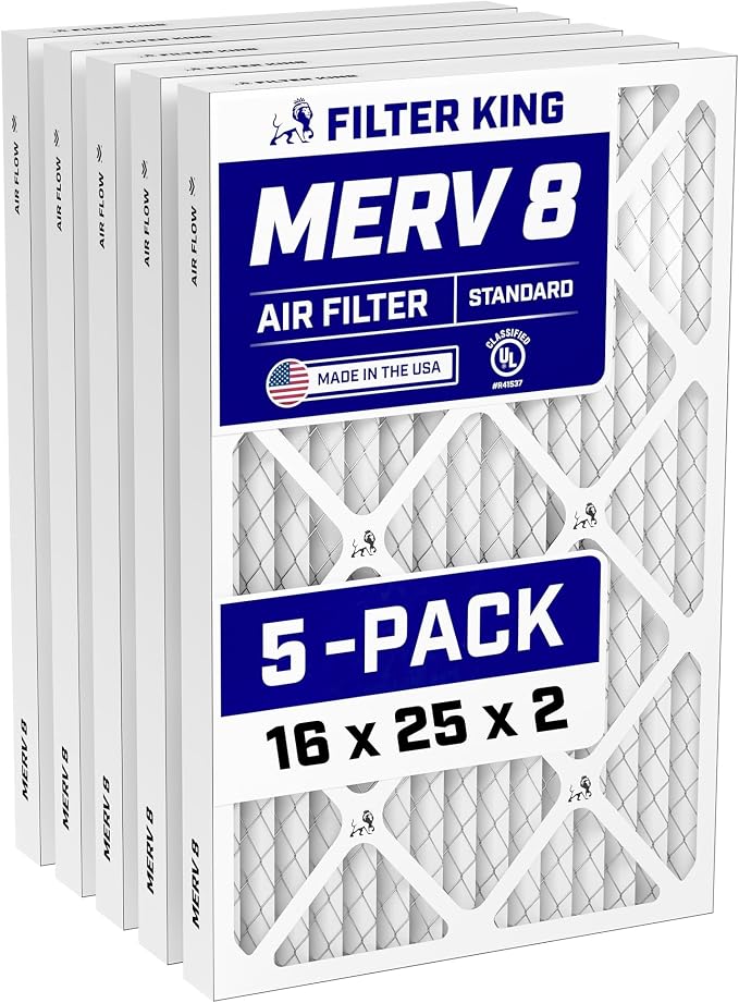 16x25x2 Air Filter (MERV 8) (5-Pack) Dust & Allergy Control AC Furnace Filters, MADE IN USA, HVAC, Pleated