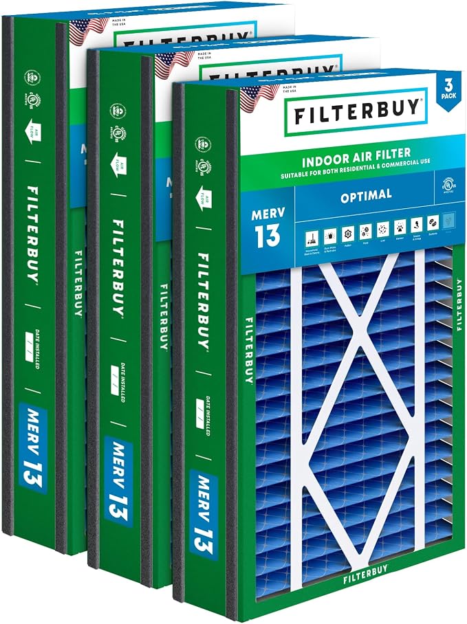16x25x3 Air Filter MERV 13 Optimal Smoke & Allergy Defense (3-Pack), Electrostatic Pleated HVAC AC Furnace Filters for