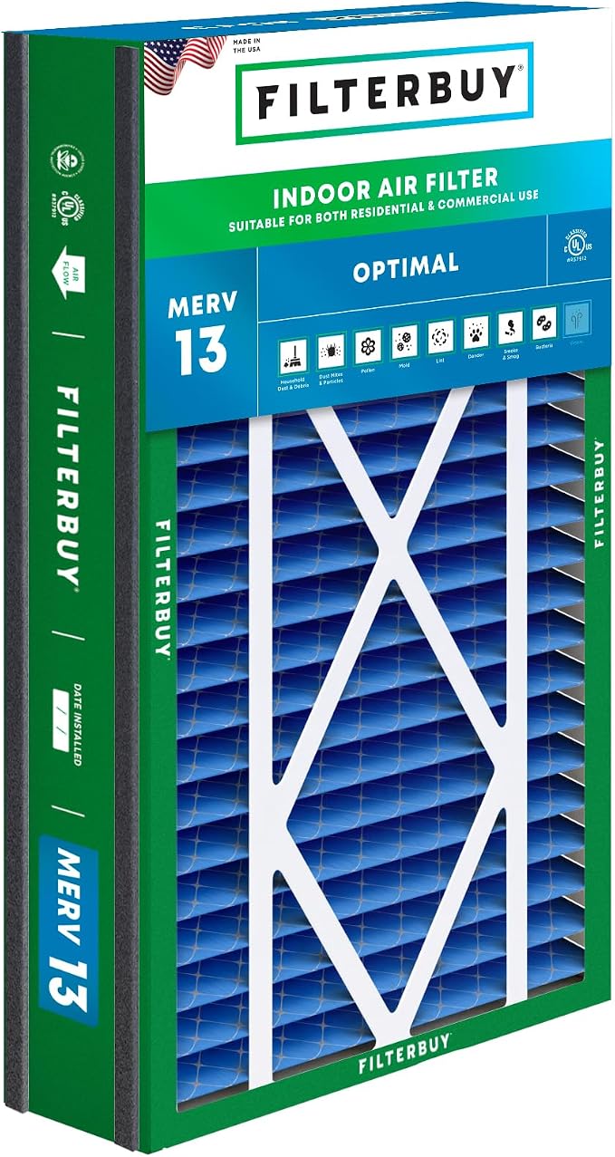 16x25x3 Air Filter MERV 13 Optimal Smoke & Allergy Defense (1-Pack), Electrostatic Pleated HVAC AC Furnace