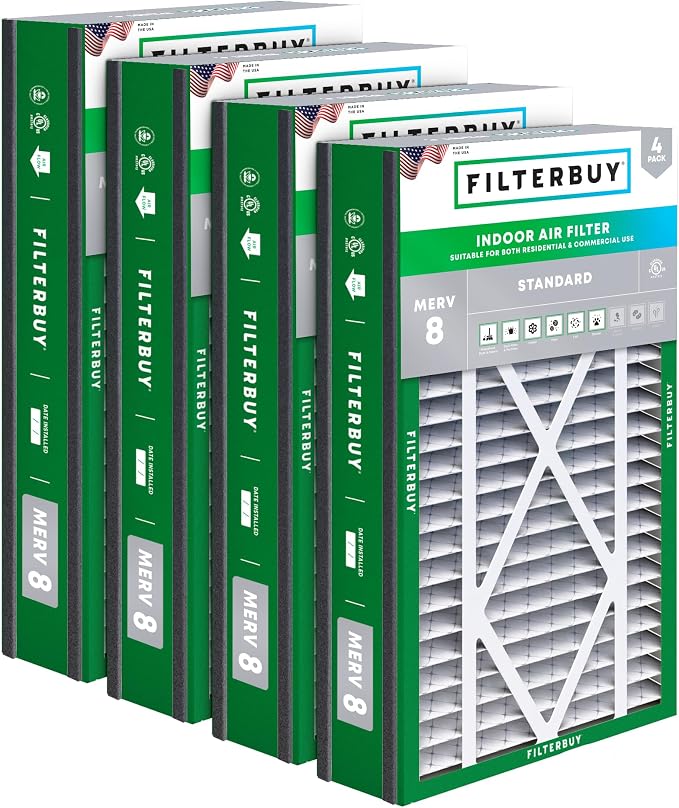 16x25x3 Air Filter MERV 8 Essential Dust & Allergy Defense (4-Pack), Electrostatic Pleated HVAC AC Furnace Filters for