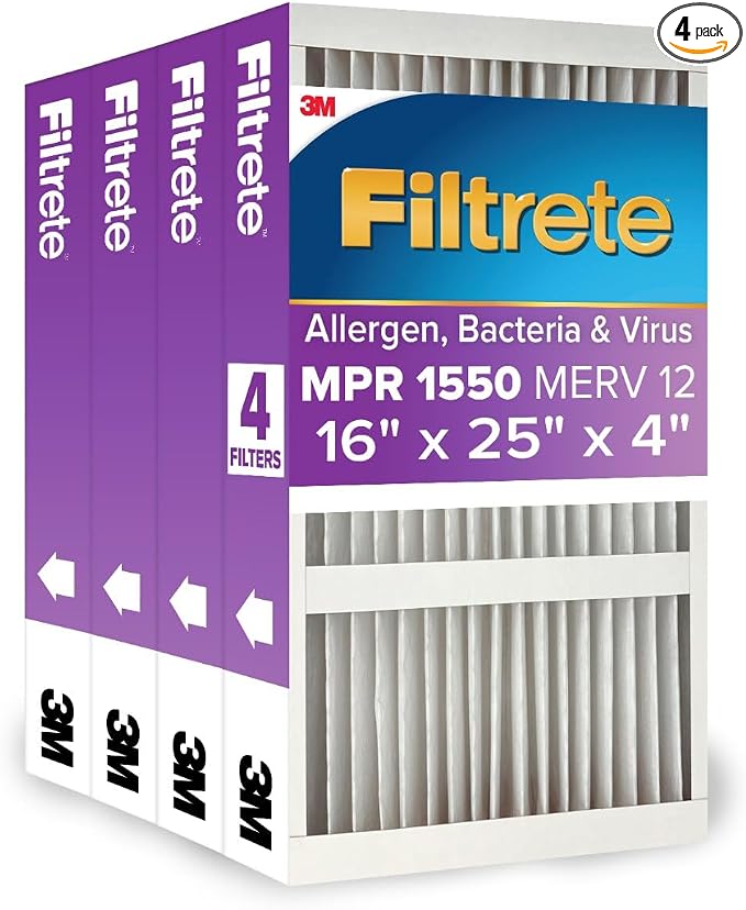 16x25x4 AC Furnace Air Filter, MPR 1550, MERV 12, Fits Lennox &, CERTIFIED Asthma & Allergy Friendly, product image