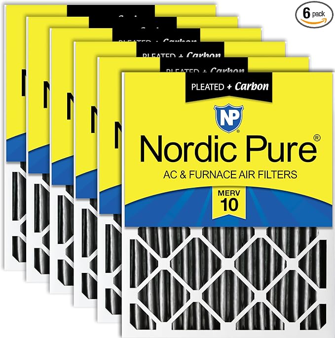 16x25x4 (Actual Size: 15 1/2 x 24 1/2 x 3 5/8) Furnace Air Filters MERV 10 Pleated + Carbon 6 Pack, product image