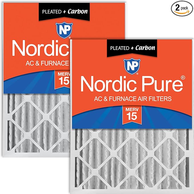 16x25x4 (Actual Size: 15 1/2 x 24 1/2 x 3 5/8) Pleated Air Filters MERV 15 Plus Carbon 2 Pack, product image