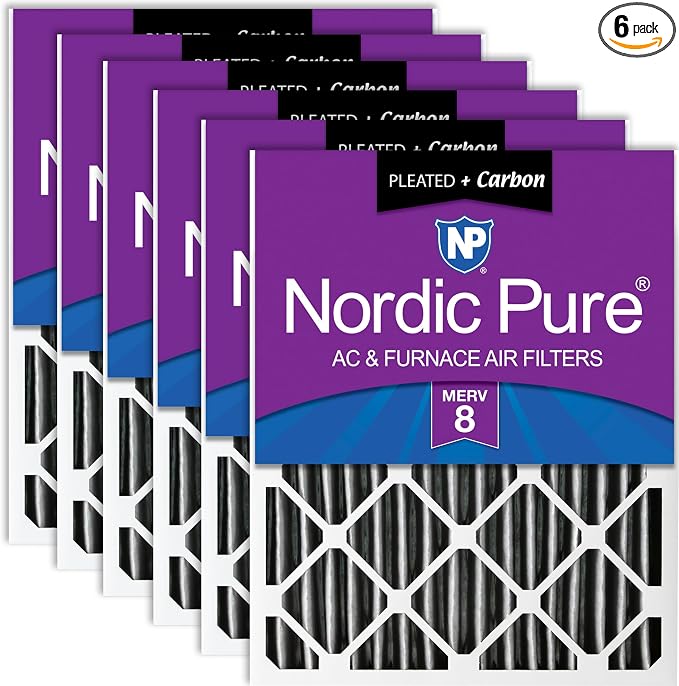 16x25x4 (Actual Size: 15 1/2 x 24 1/2 x 3 5/8) Pleated Plus Carbon Air Filters MERV 8 6 Pack