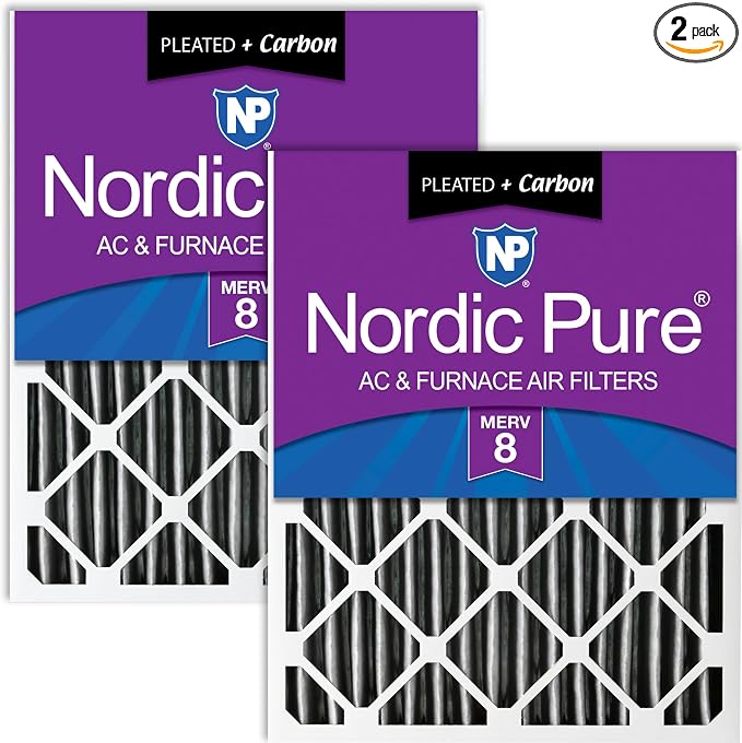 16x25x4 (Actual Size: 15 1/2 x 24 1/2 x 3 5/8) Pleated Plus Carbon Air Filters MERV 8 2 Pack