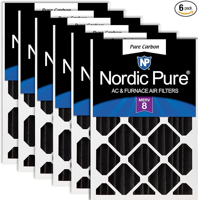 16x25x4 (Actual Size: 15 1/2 x 24 1/2 x 3 5/8) Pure Carbon Pleated Odor Reduction Merv 8 Furnace Filters 6 Pack, product
