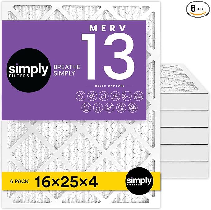16x25x4 Air Filter, MERV 13, MPR 1500, 6 Pack, Furnace Air Filter for HVAC (Actual Size: 16.5"x25.5"x3.63") DUST, Pet &