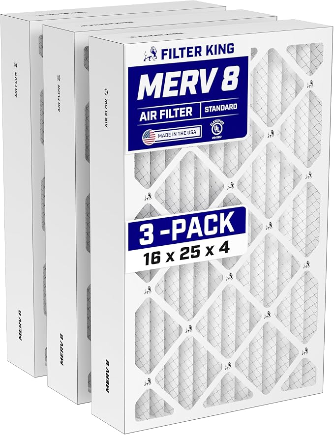 16x25x4 Air Filter (MERV 8) (3-Pack) Dust & Allergy Control AC Furnace Filters, MADE IN USA, HVAC, Pleated