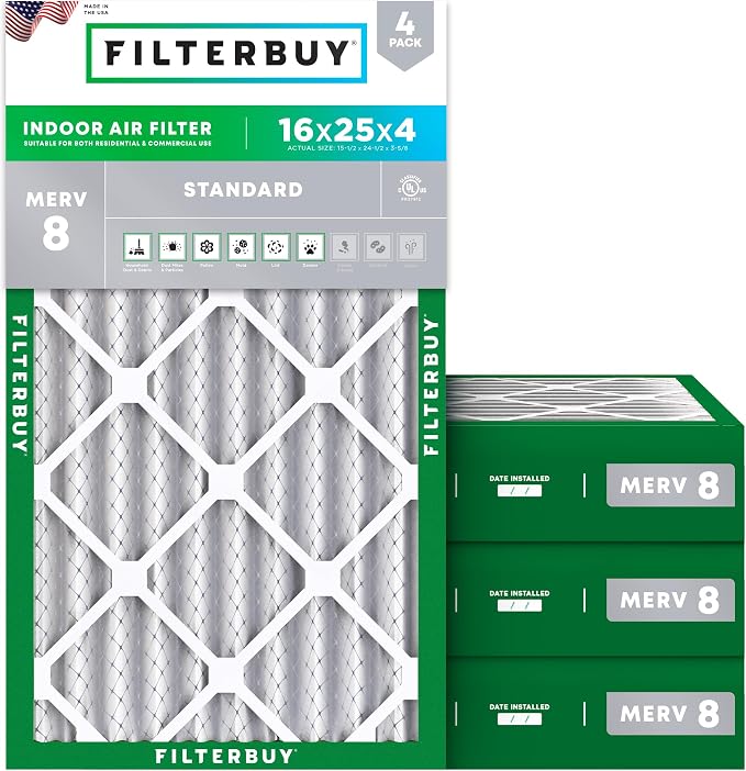 16x25x4 Air Filter MERV 8 Essential Dust & Allergy Defense (4-Pack), Electrostatic Pleated HVAC AC Furnace Filters