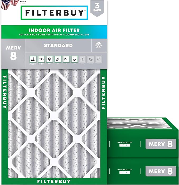 16x25x4 Air Filter MERV 8 Essential Dust & Allergy Defense (3-Pack), Electrostatic Pleated HVAC AC Furnace