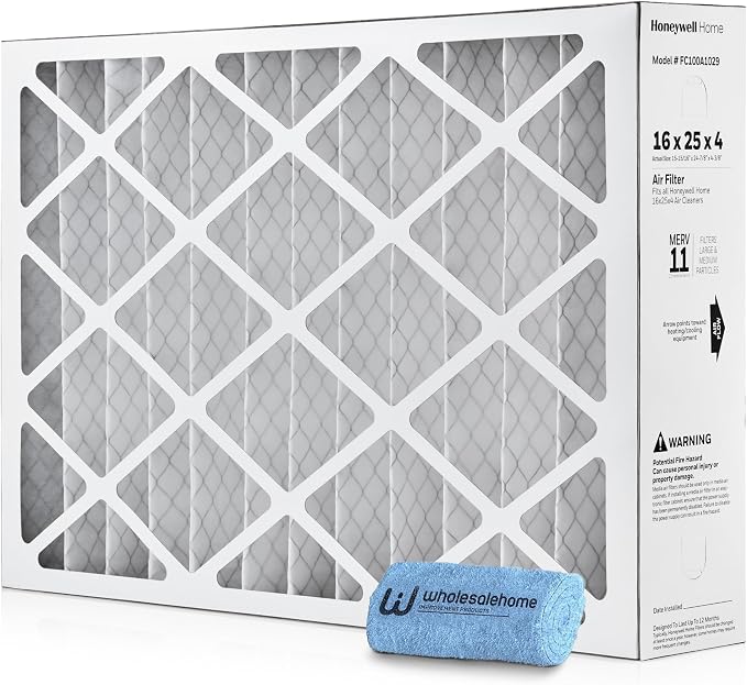 16x25x4 Air Filter Replacement MERV 11, FC100A1029 Pleated HVAC AC Furnace Filters with Cleaning Cloth (Actual Size: 15.94