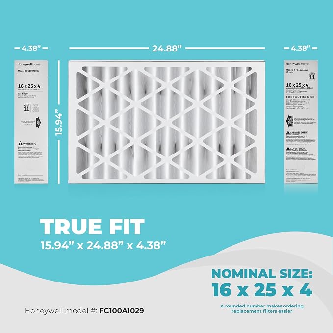 16x25x4 Air Filter Replacement MERV 11, FC100A1029 Pleated HVAC AC Furnace Filters with Cleaning Cloth (Actual Size: 15.94