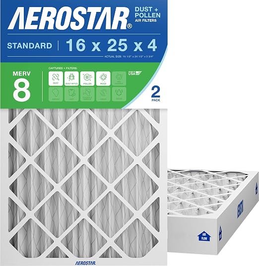 16x25x4 MERV 8 Air Filter, 2 Count, ACTUAL SIZE (15.50 x 24.50 x 3.75) HVAC, Furnace Filter for Allergies, Dust, Pet Dander &