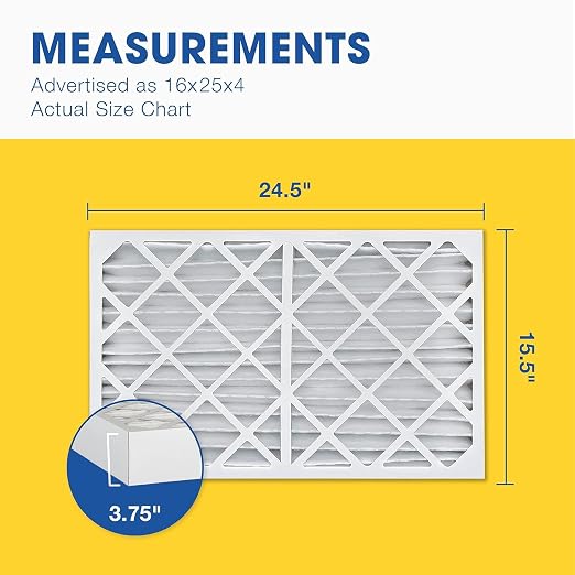 16x25x4 MERV 8 Air Filter, 2 Count, ACTUAL SIZE (15.50 x 24.50 x 3.75) HVAC, Furnace Filter for Allergies, Dust, Pet Dander &