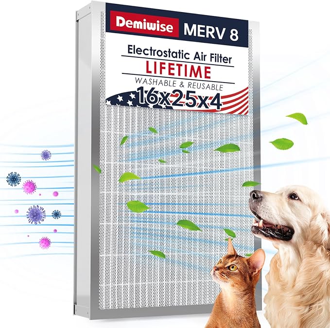 16x25x4 Resuable & Washable Electrostatic Air Filter Allergen Defense, MERV 8 Aluminum AC/HVAC Furnace Filter Replacement