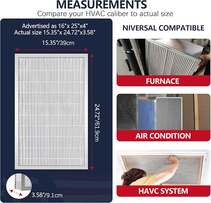 16x25x4 Resuable & Washable Electrostatic Air Filter Allergen Defense, MERV 8 Aluminum AC/HVAC Furnace Filter Replacement