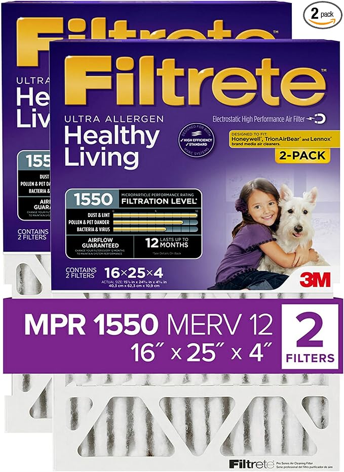 16x25x4(SlimFit), AC Furnace Air Filter, MPR 1550 DP, Healthy Living Ultra Allergen Deep Pleat, 2-Pack (actual dimensions