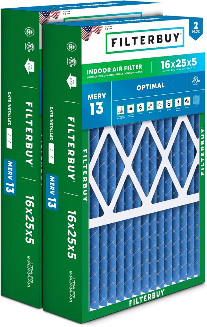 16x25x5 Air Filter MERV 13 Optimal Smoke & Allergy Defense (2-Pack), Pleated HVAC AC Furnace Filters for