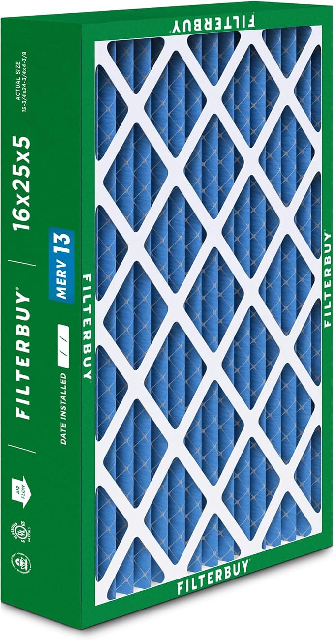 16x25x5 Air Filter MERV 13 Optimal Smoke & Allergy Defense (2-Pack), Pleated HVAC AC Furnace Filters for