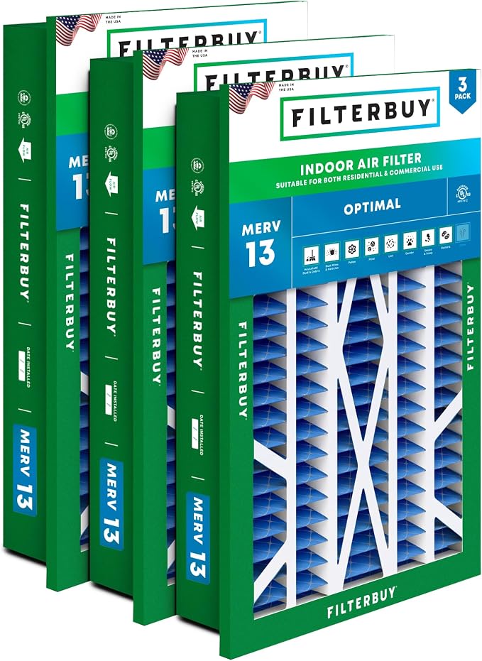 16x25x5 Air Filter MERV 13 Optimal Smoke & Allergy Defense (3-Pack), Electrostatic Pleated HVAC AC Furnace Filters for