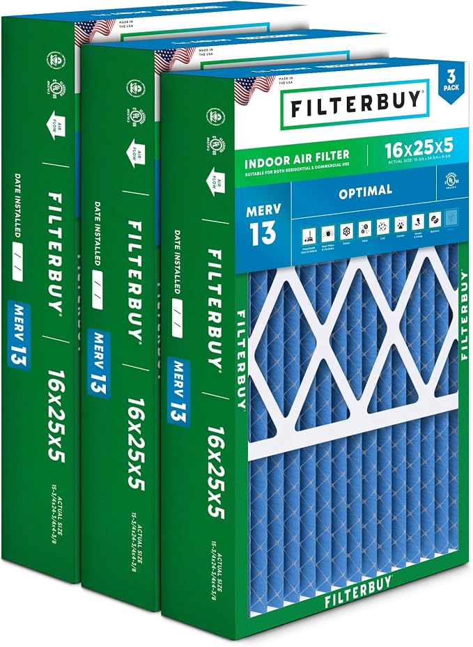 16x25x5 Air Filter MERV 13 Optimal Smoke & Allergy Defense (3-Pack), Pleated HVAC AC Furnace Filters for