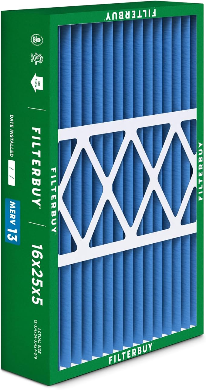 16x25x5 Air Filter MERV 13 Optimal Smoke & Allergy Defense (3-Pack), Pleated HVAC AC Furnace Filters for